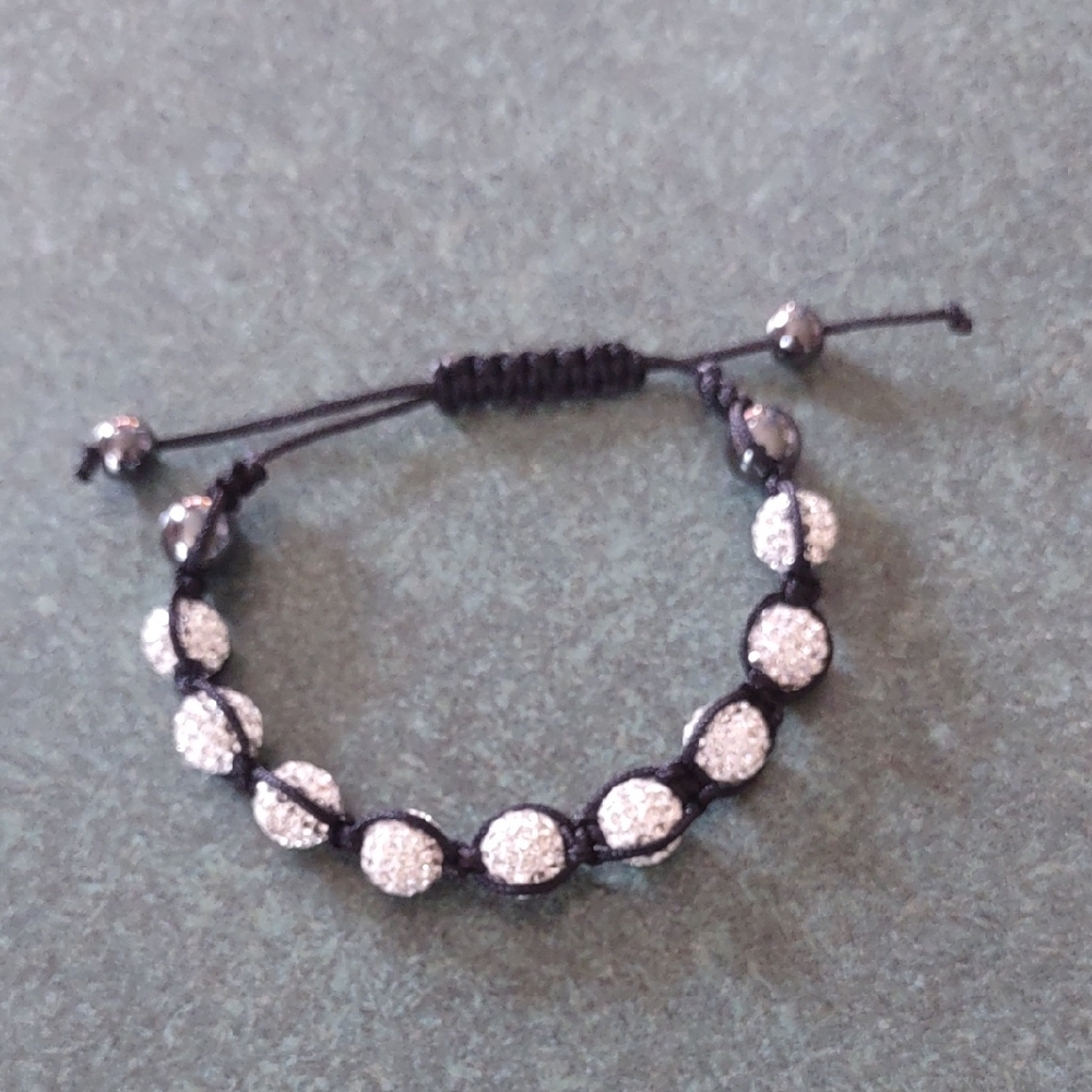 Shamballa Black Cord Adjustable Bracelet with Silver Beads